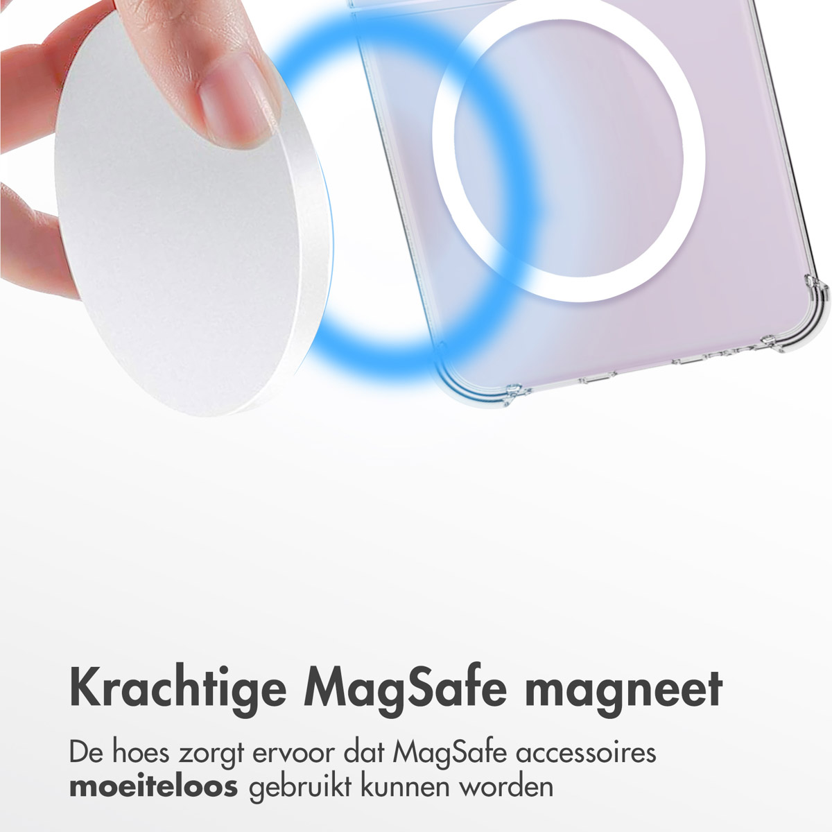 A hand is placing a white circle on a phone case, surrounded by a blue circular glow.