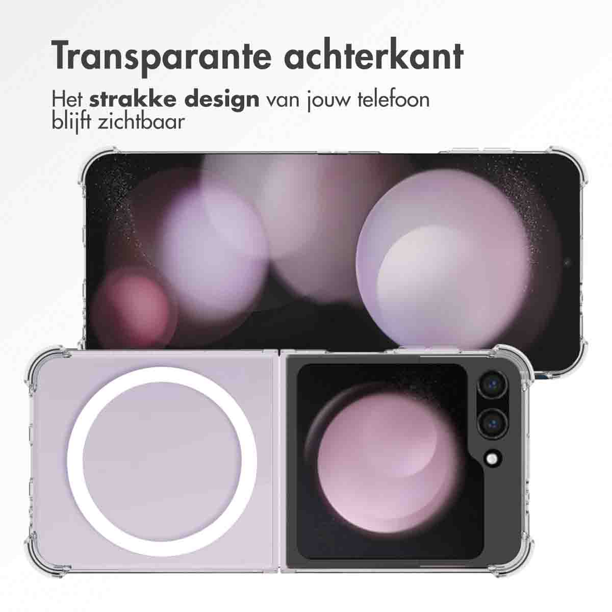 A phone and case, transparent with a light purple back. The case is for a foldable phone.