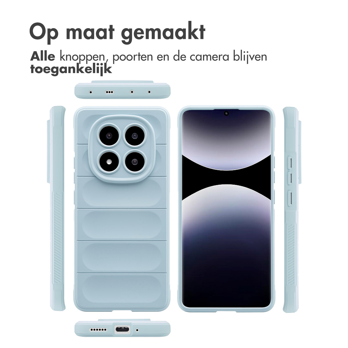 Lichtblauwe telefoonhoes met de telefoononderdelen in verschillende aanzichten op een witte achtergrond.