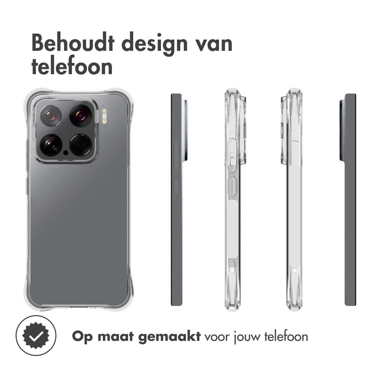 Een telefoon met een doorzichtig hoesje en twee zijprofielen van het hoesje op een witte achtergrond.