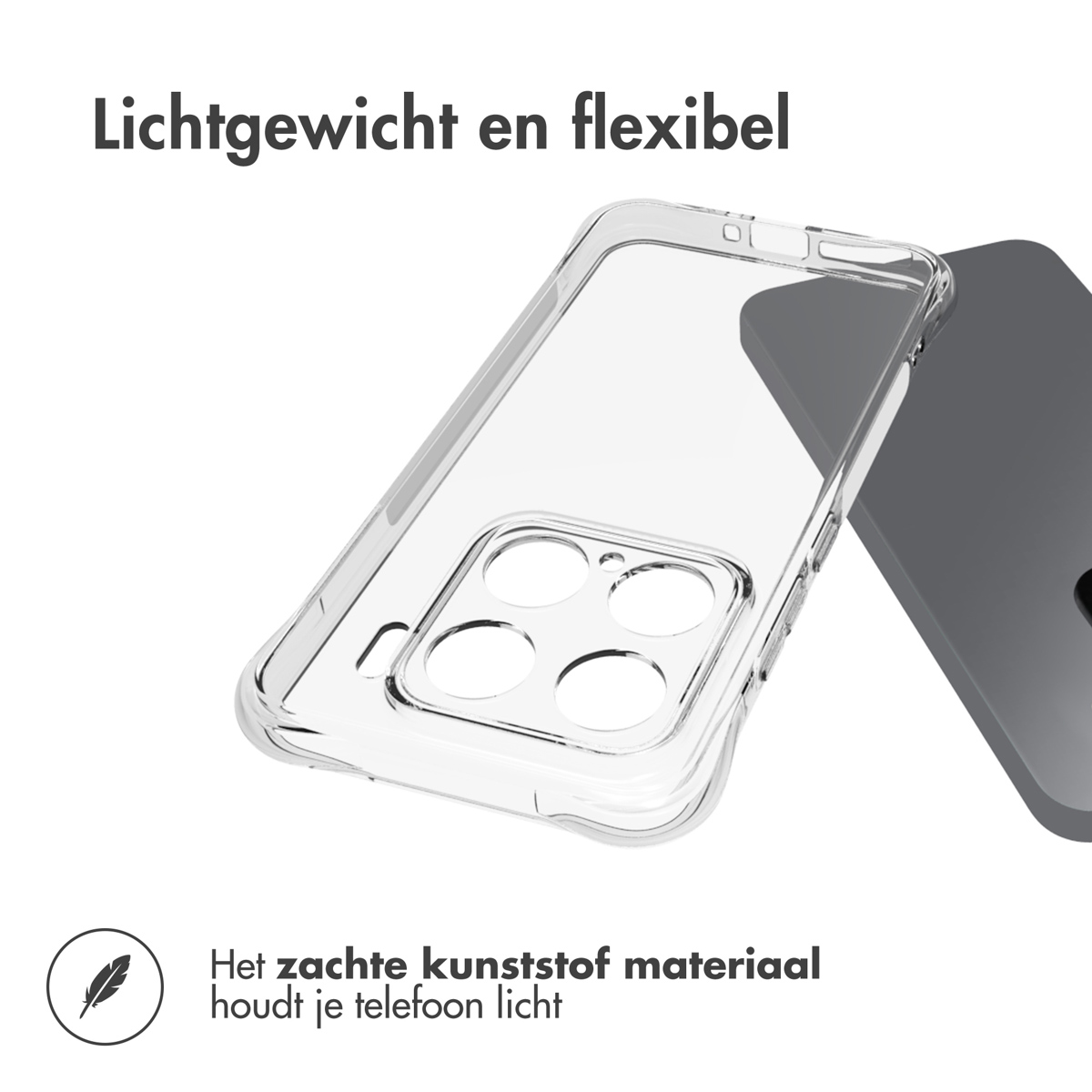 Transparante telefoonhoes. De hoes is licht en flexibel. Grijze telefoon op de achtergrond.