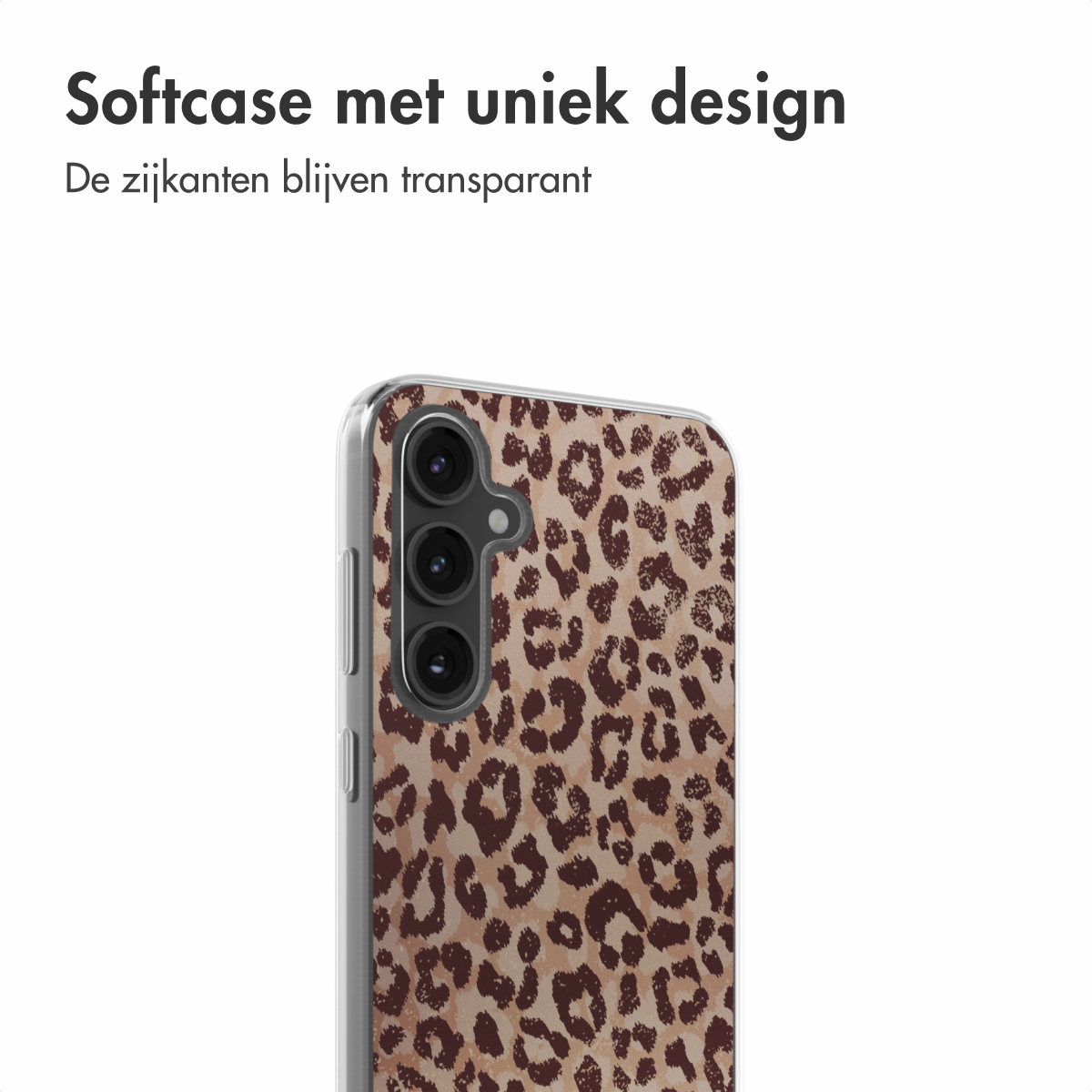 Telefoonhoesje met luipaardprint. Tekst: Softcase met uniek design. Zijkanten blijven transparant.
