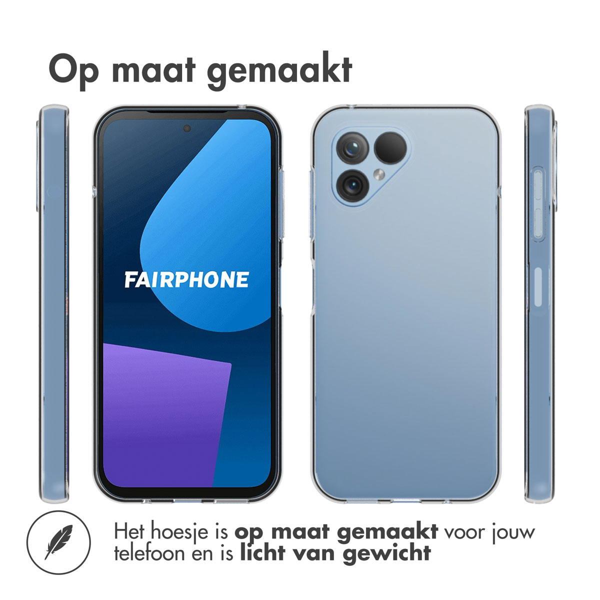 Een blauwe telefoonhoes met het Fairphone-logo. De telefoon zit in de hoes. Licht en op maat gemaakt.