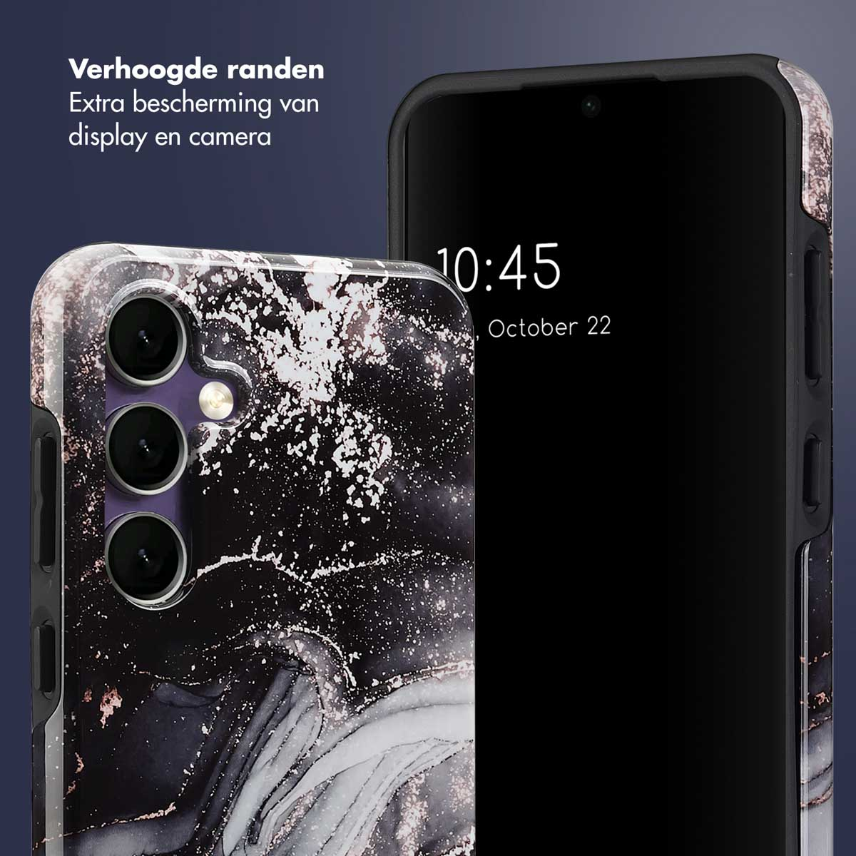 Een blauwe telefoonhoes met een camera. De hoes is van leer.