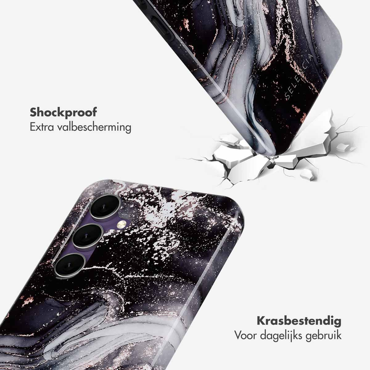 Telefoonhoes met zwart marmer design, schok- en krasbestendig.