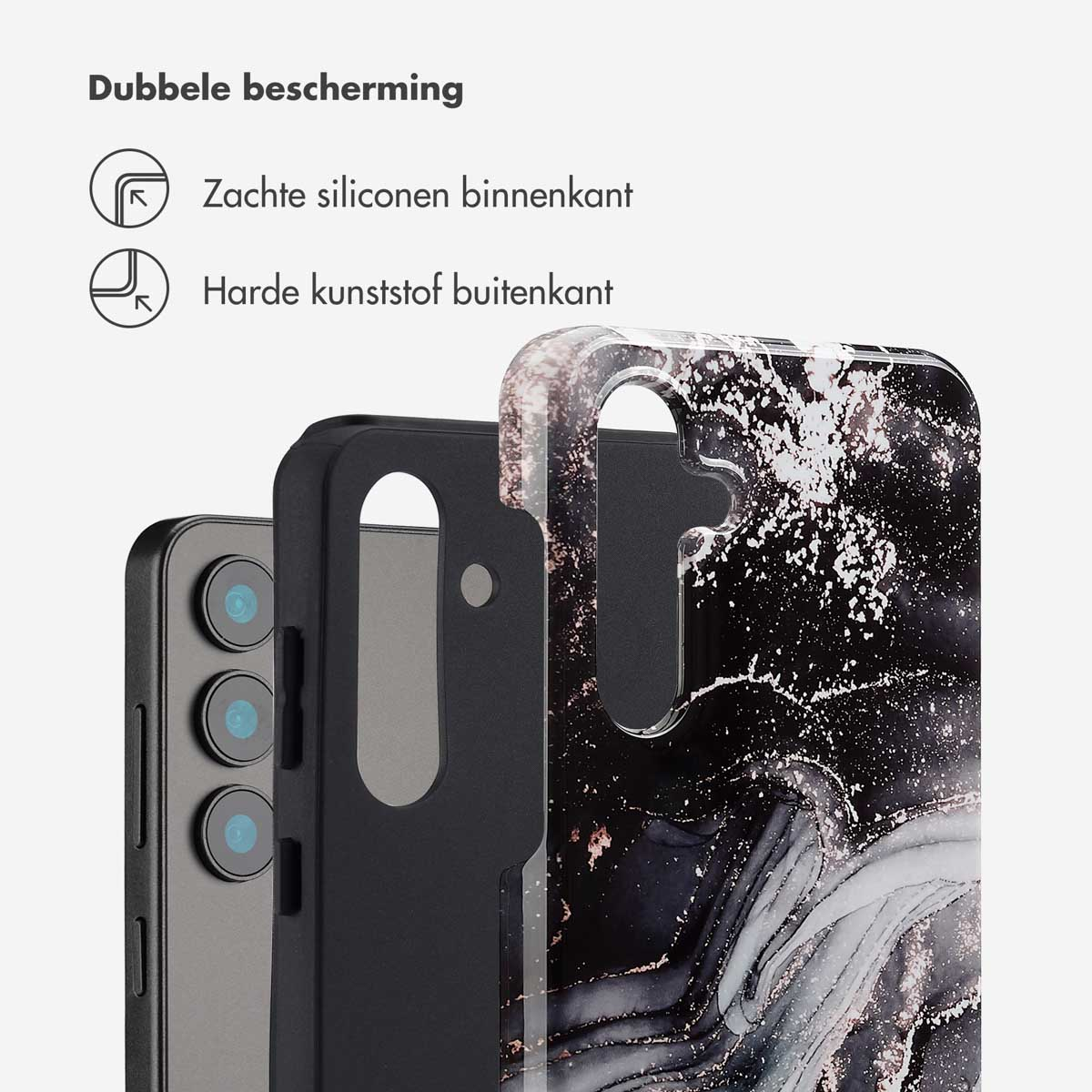 Een telefoon met een gelaagde hoes, zwart en marmer.