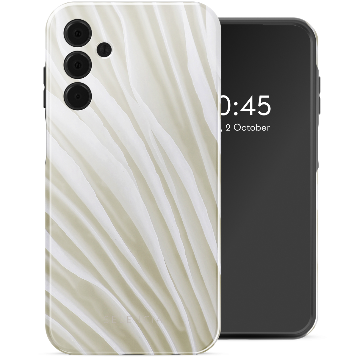 Telefoonhoesje met wit golfpatroon. De telefoon ernaast toont tijd en datum.