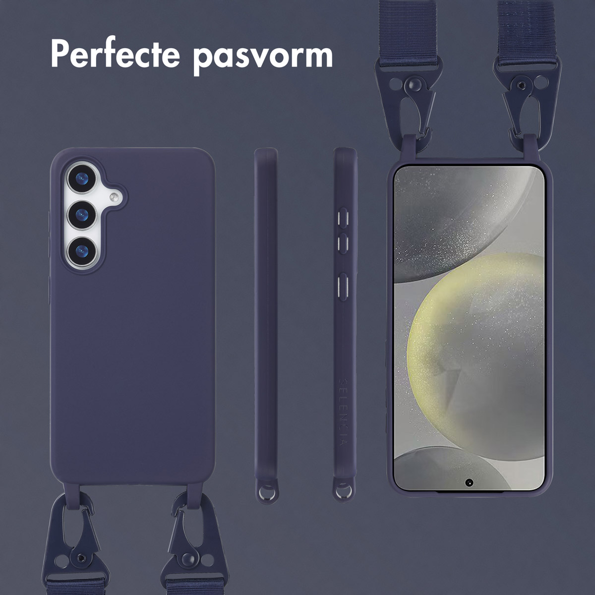 Telefoon in een marineblauwe hoes, met bijpassende riem. Drie hoeken getoond. De telefoon wordt vastgehouden.