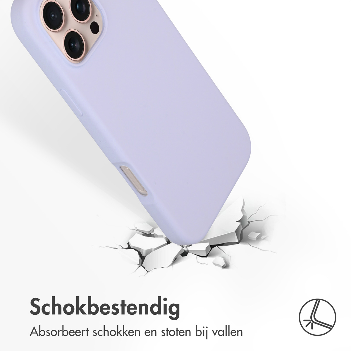 Een lila telefoonhoesje valt en barst het oppervlak eronder.