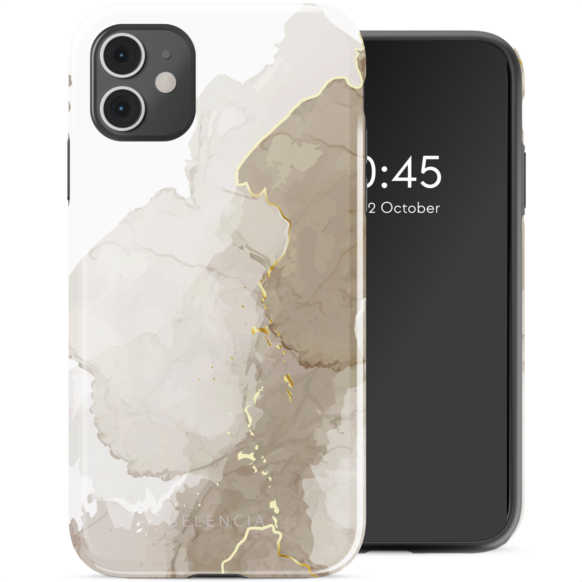 Una custodia per telefono con un design in marmo bianco e marrone accanto a un telefono nero.