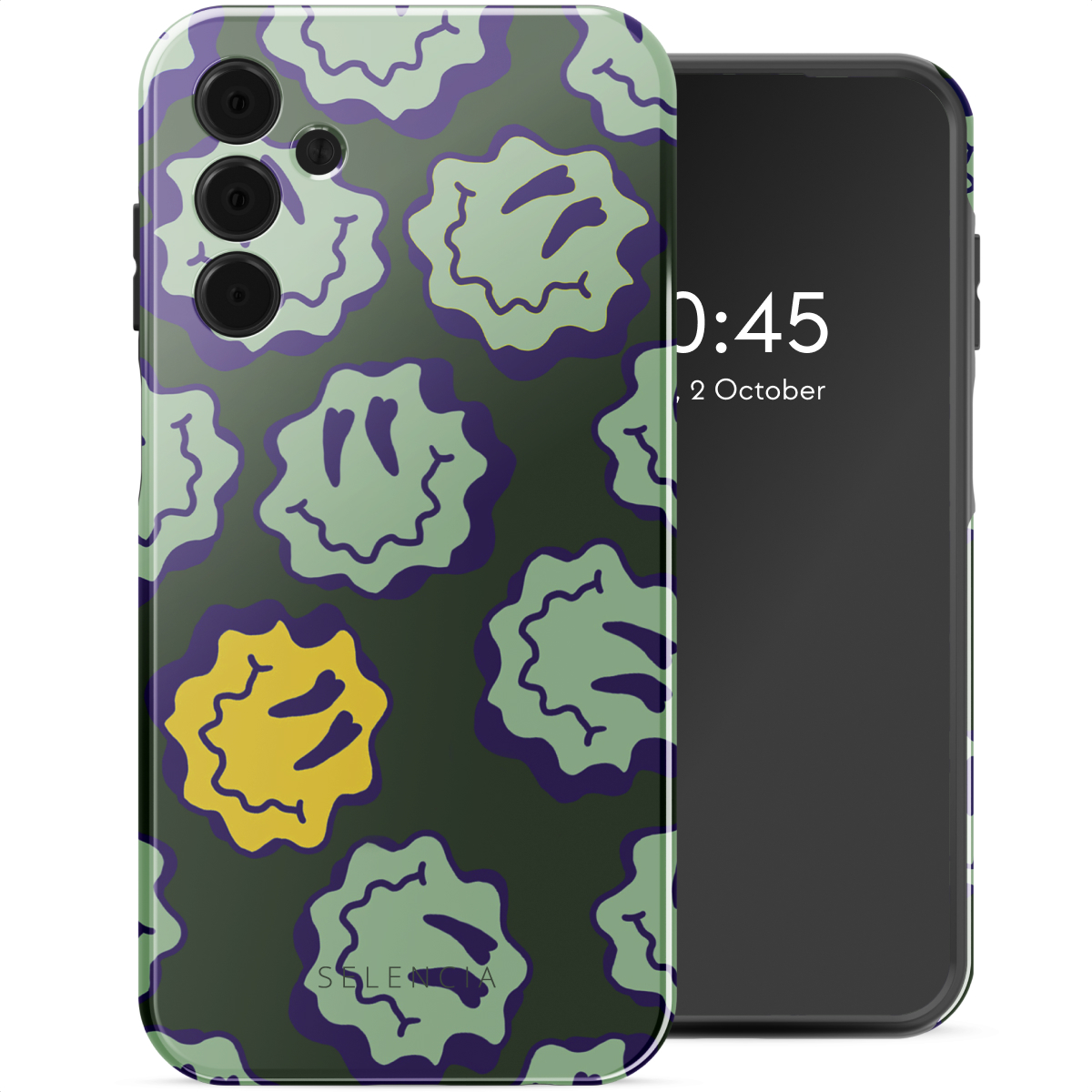 Telefoonhoesje met groene, paarse smiley's. Telefoon toont tijd en datum. Donkergroene achtergrond.