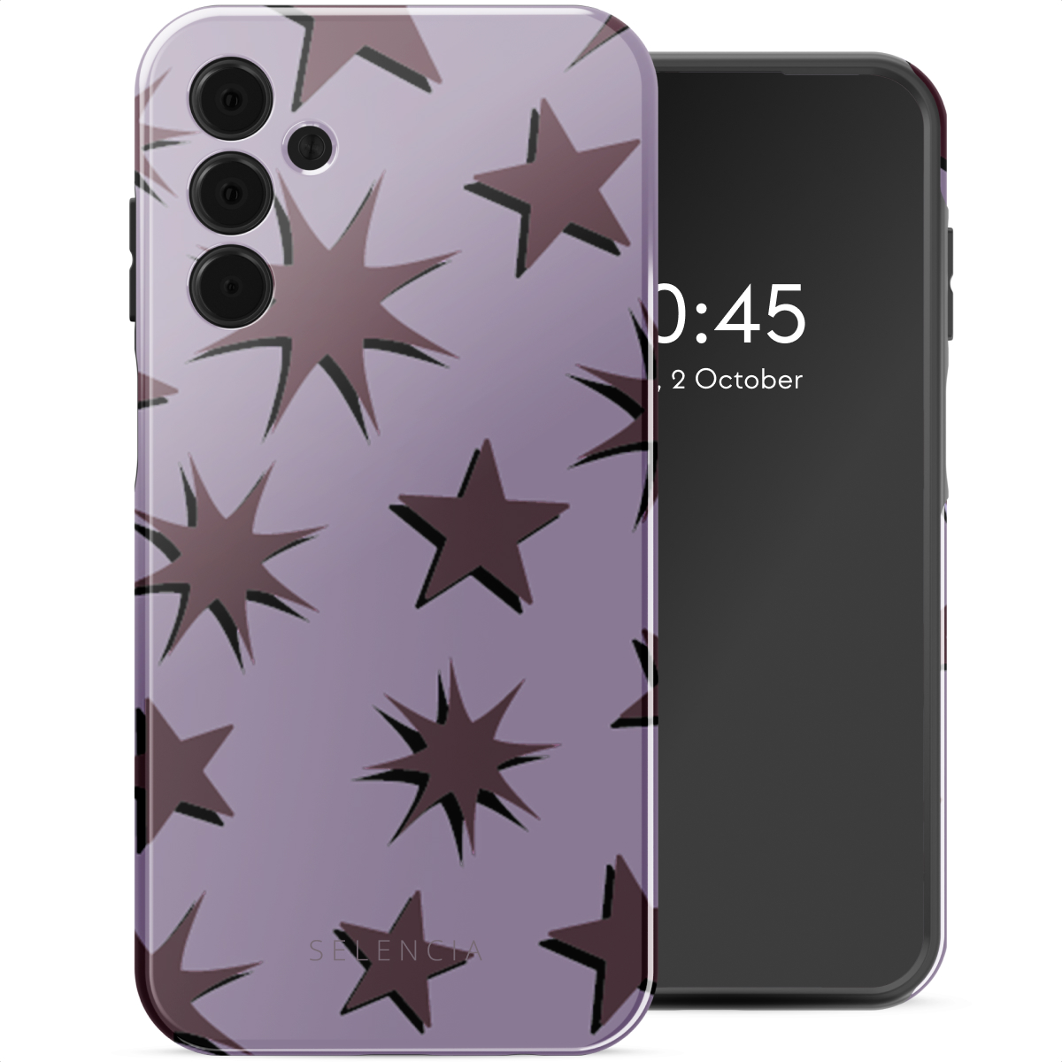 Paarse telefoonhoes met een sterrenpatroon. De telefoon toont datum en tijd op het scherm.