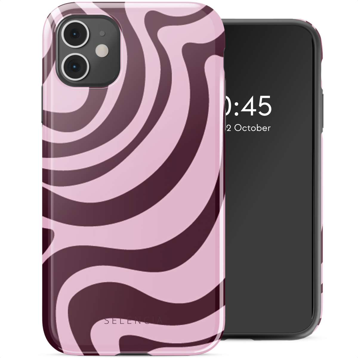 Una custodia per telefono con un motivo a onde rosa e marrone. Un telefono all'interno, che mostra l'ora.