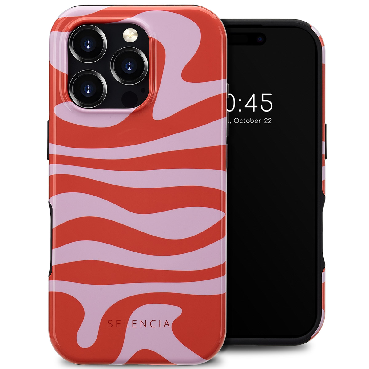 Telefoonhoesje met rood en roze golfdesign. De telefoon toont tijd en datum.