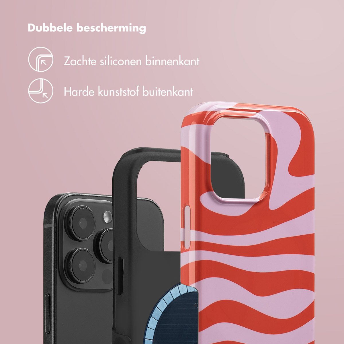 Telefoonhoesje: zwart, rood-roze gestreept en zwarte binnencomponenten, met tekst over bescherming.