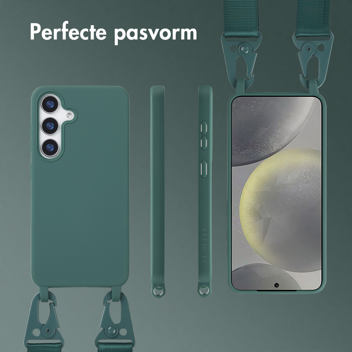 Een groene telefoonhoes met riembevestigingen. De telefoon is ook groen en heeft een zwart scherm.