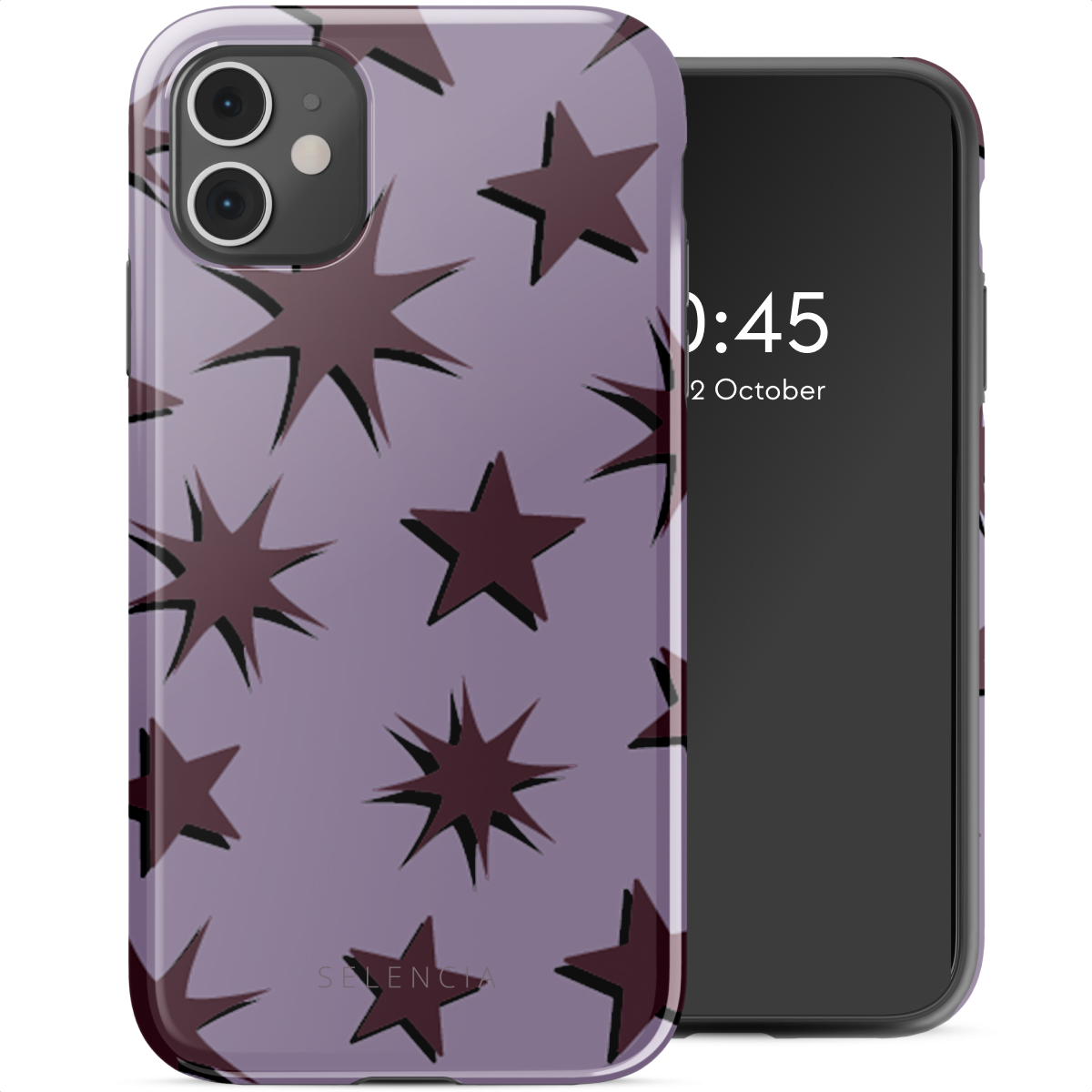 Coque de téléphone avec motif d'étoiles, sur un téléphone, affichant l'écran avec la date, sur fond blanc.