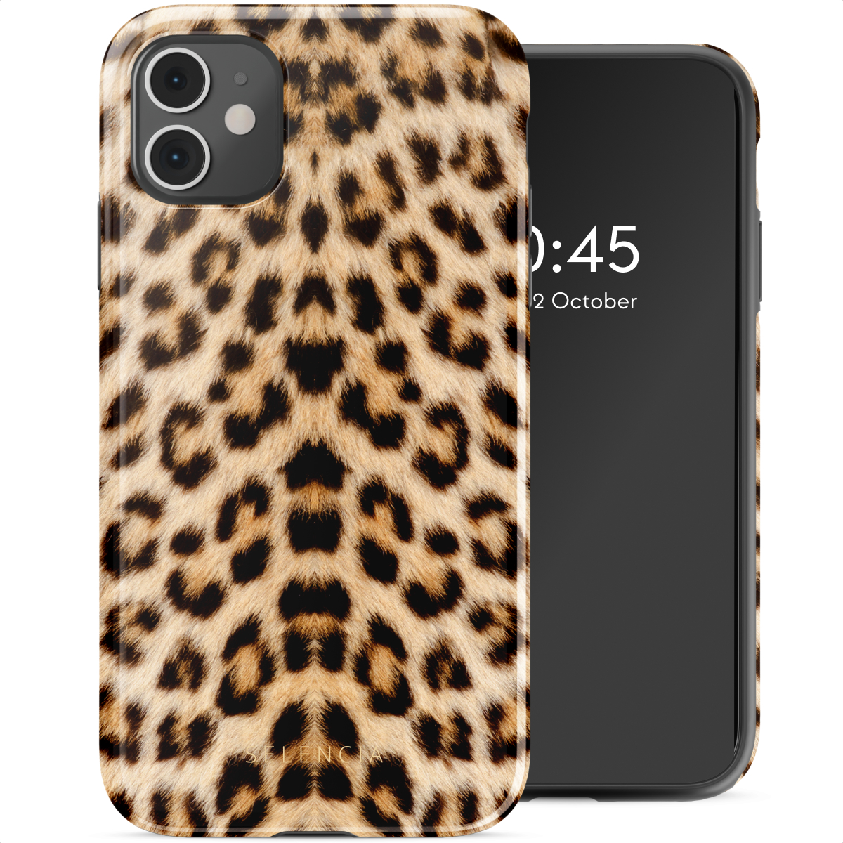 Un téléphone dans un étui à imprimé léopard, avec un écran noir affichant l'heure.