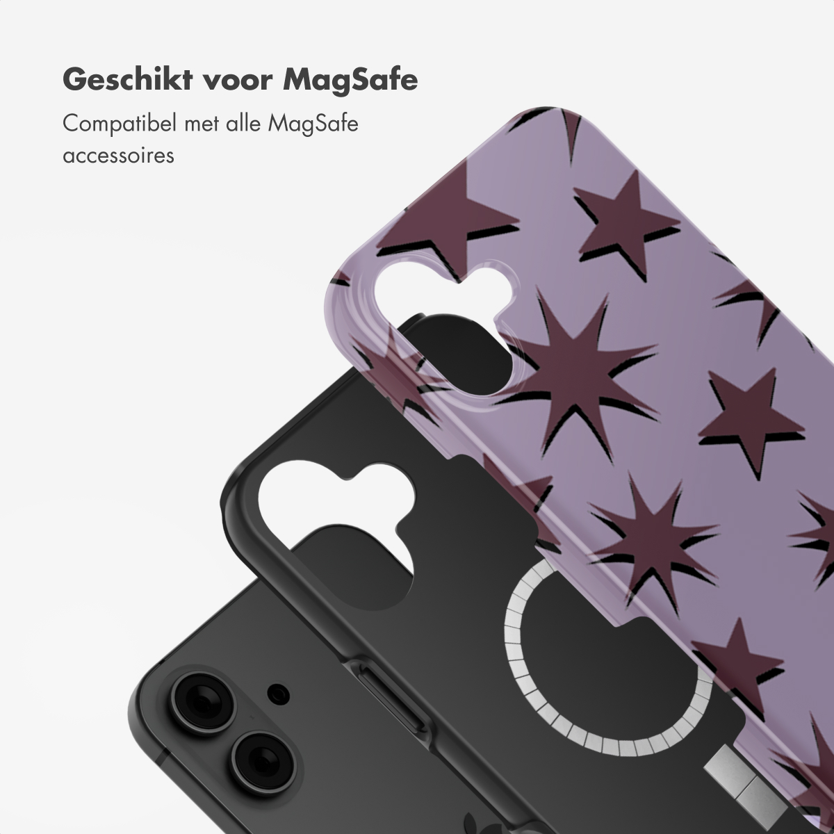Due custodie per telefono. Una ha un design a stella viola ed è posizionata su un telefono nero. L'altra è nera.