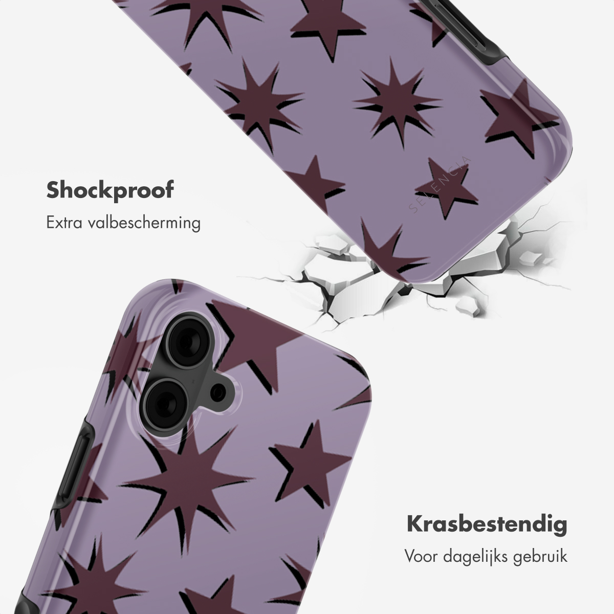 Custodia per telefono viola con stelle ed effetto crepa, sfondo bianco.