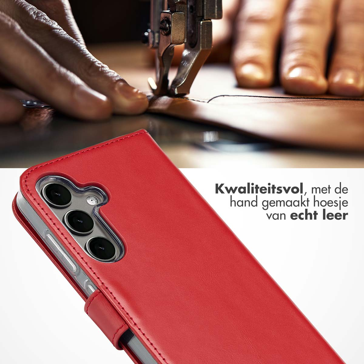 Rode leren telefoonhoes met stiksels. Tekst: Hoge kwaliteit, handgemaakte hoes van echt leer.
