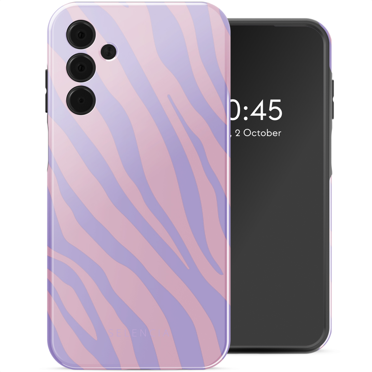 Telefoon met lichtpaarse en roze zebra-streepjespatroonhoes. Telefoonscherm toont tijd. Tekst zichtbaar.