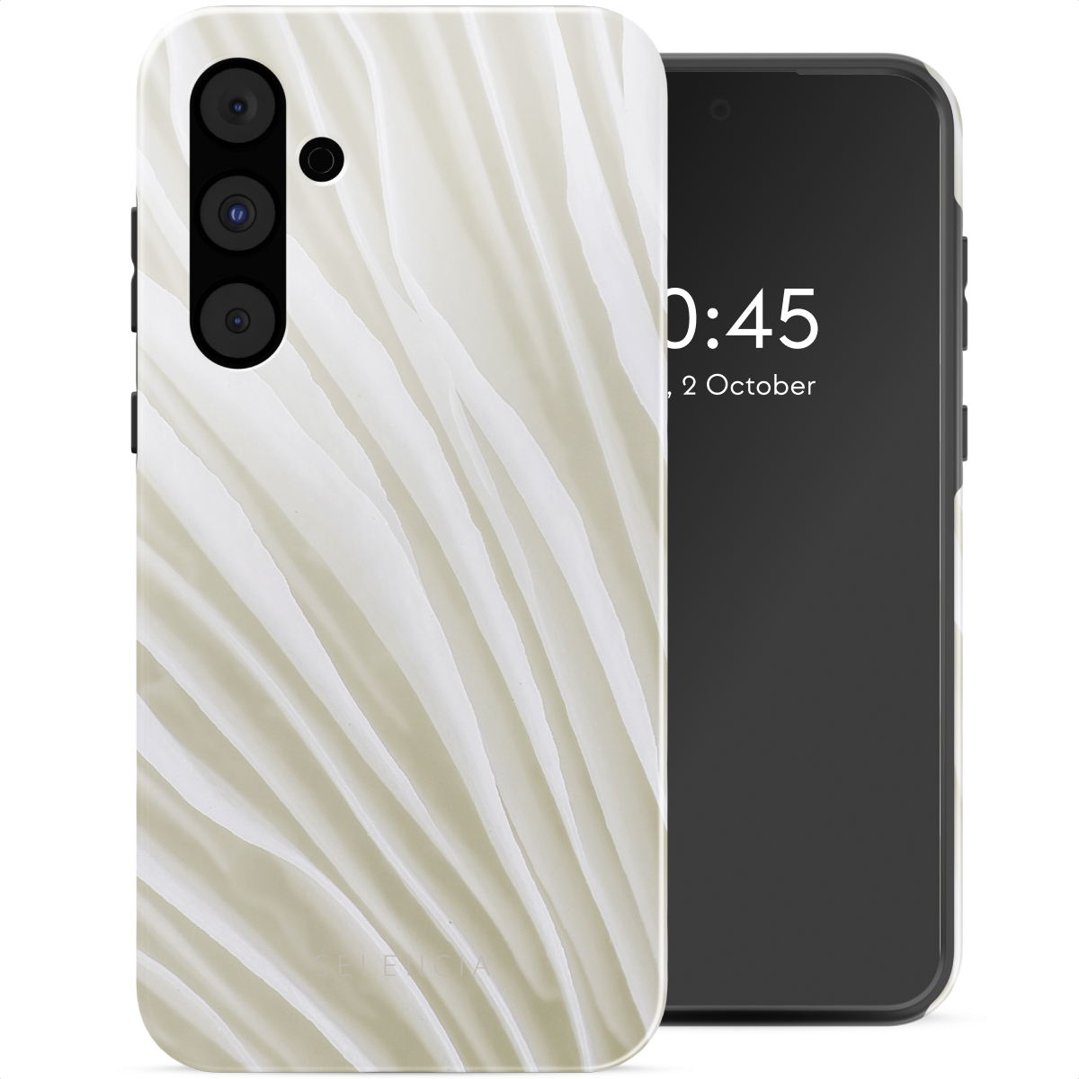 Telefoon met een witte patroonhoes en een zwart scherm aan de rechterkant.