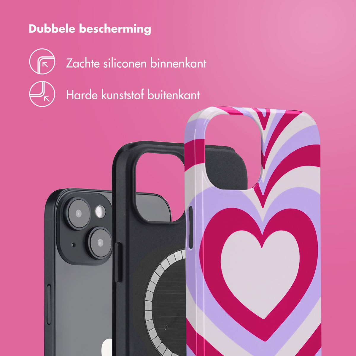 Drie telefoonhoesjes, één zwart, één zwart met een cirkel en één met een hartontwerp.