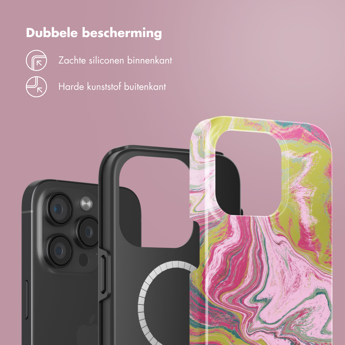 Coque de téléphone avec motif marbre rose, vert et jaune.