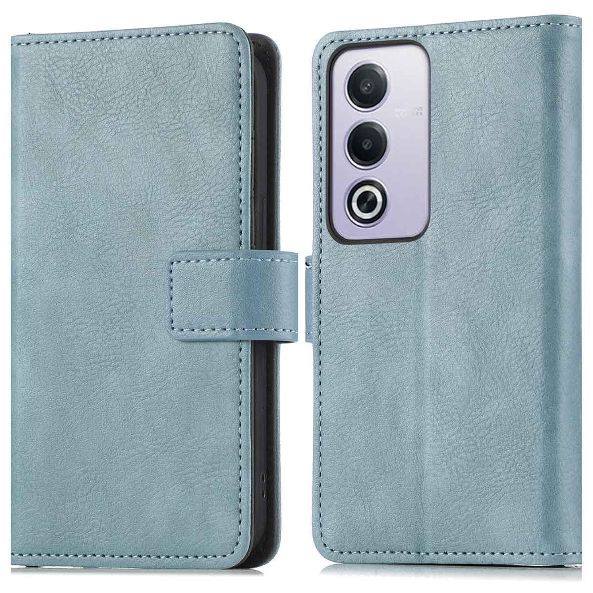 Coque de téléphone bleu clair, ouverte. Le téléphone est à l'intérieur. Trois lentilles de caméra visibles.