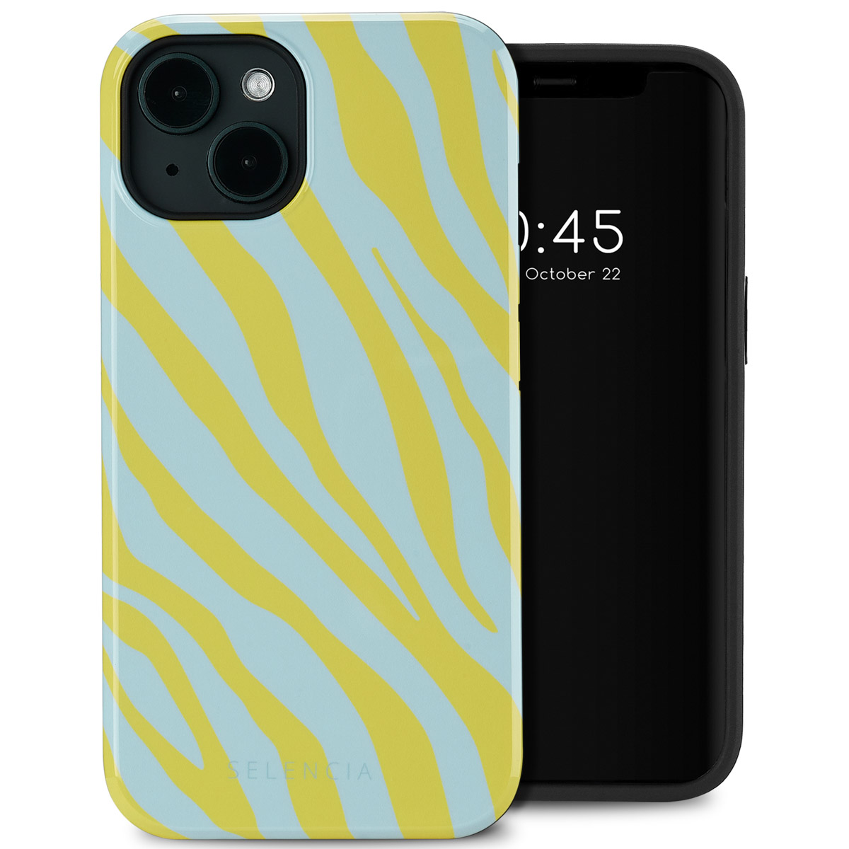 Een telefoon met een lichtblauwe en gele zebraprint hoes. De telefoon is zwart met een scherm aan.