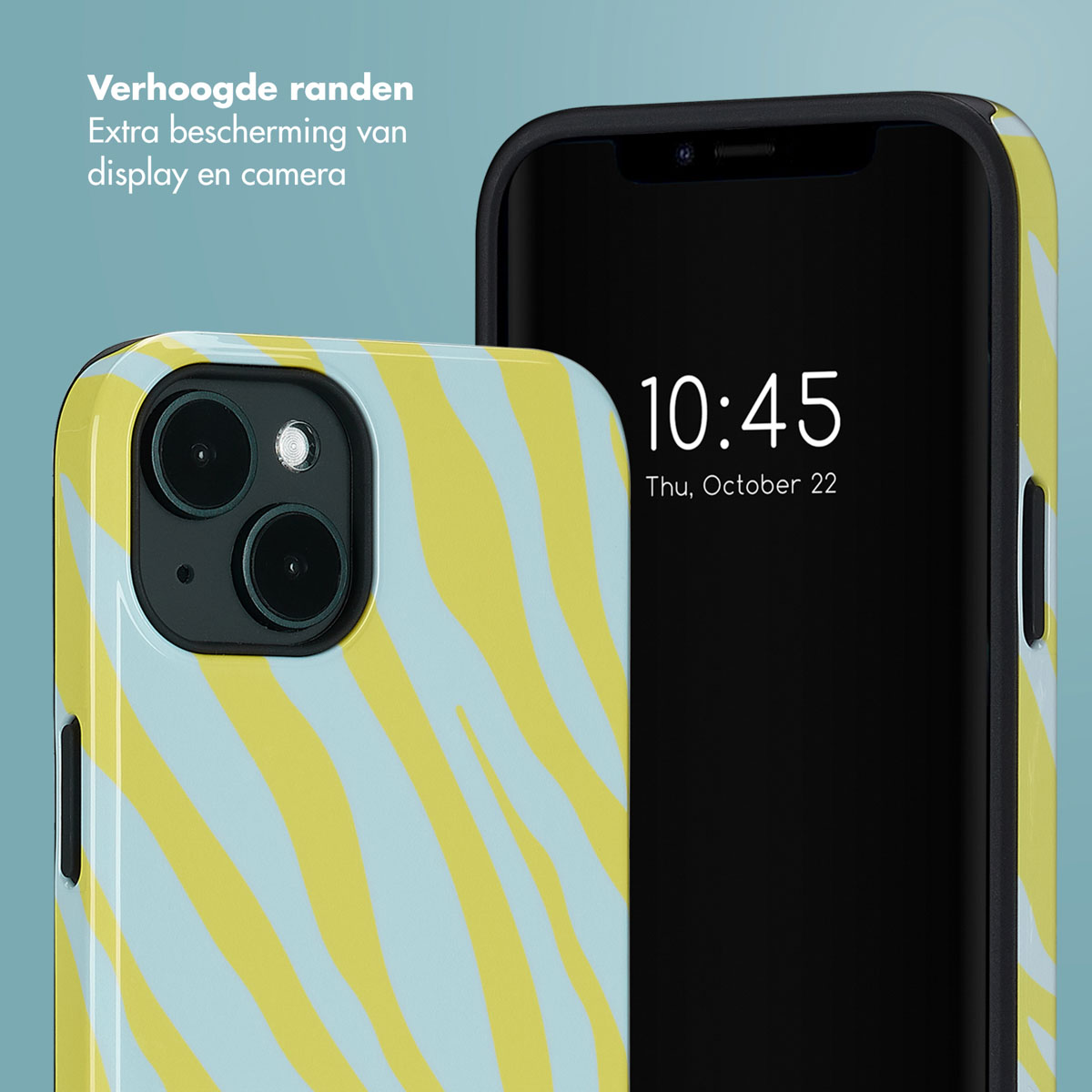 Telefoon met een geel en blauw zebrapatroon. Witte achtergrond.