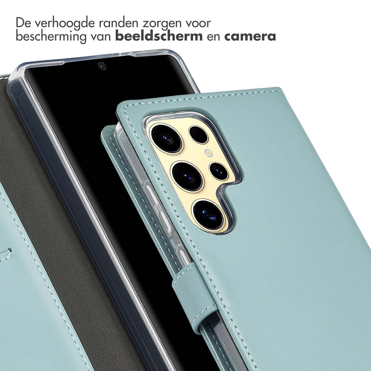Telefoon in een blauwe leren hoes, met scherm en camera zichtbaar. Witte achtergrond.