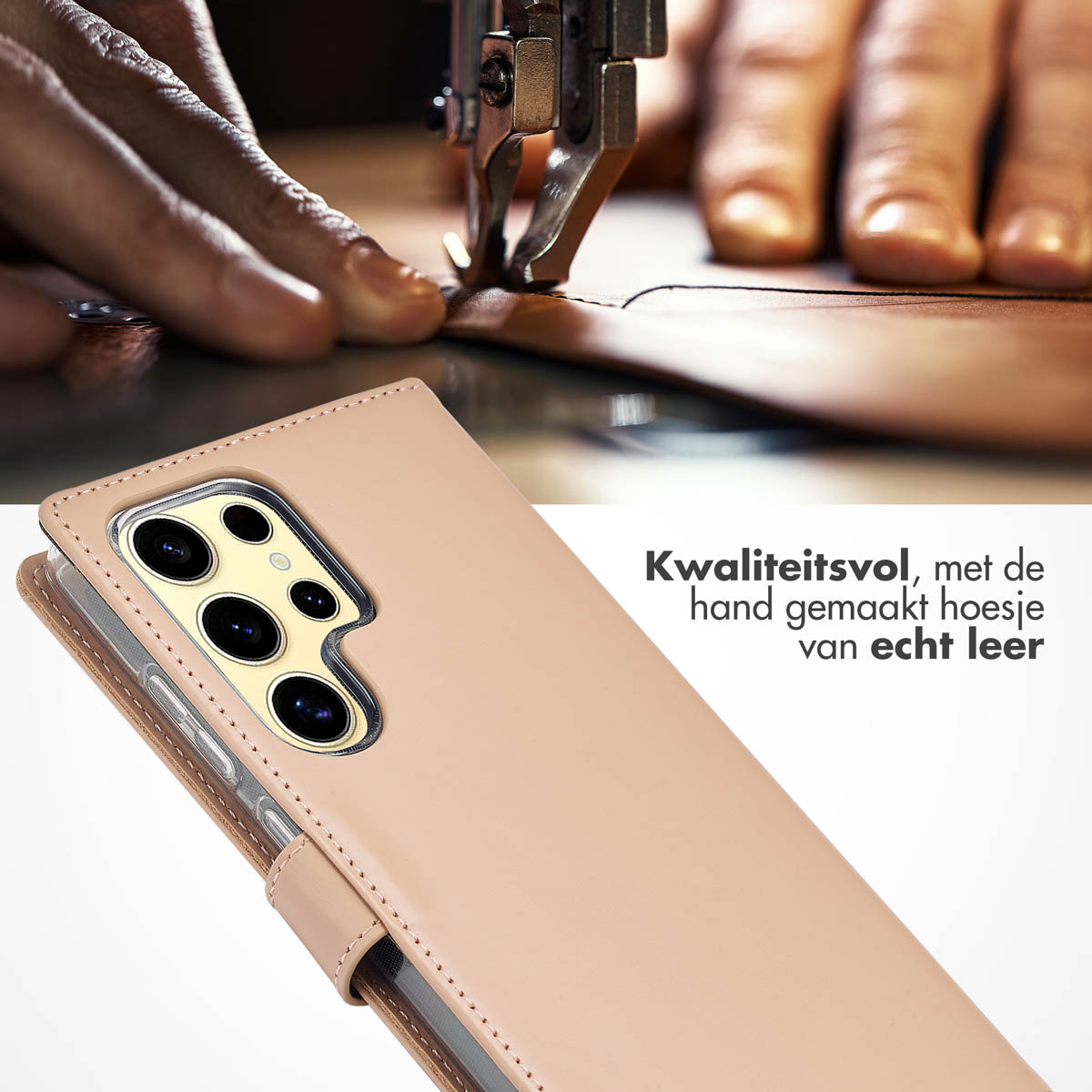 Een persoon gebruikt een naaimachine. Een beige leren telefoonhoesje met een telefoon staat op de voorgrond.