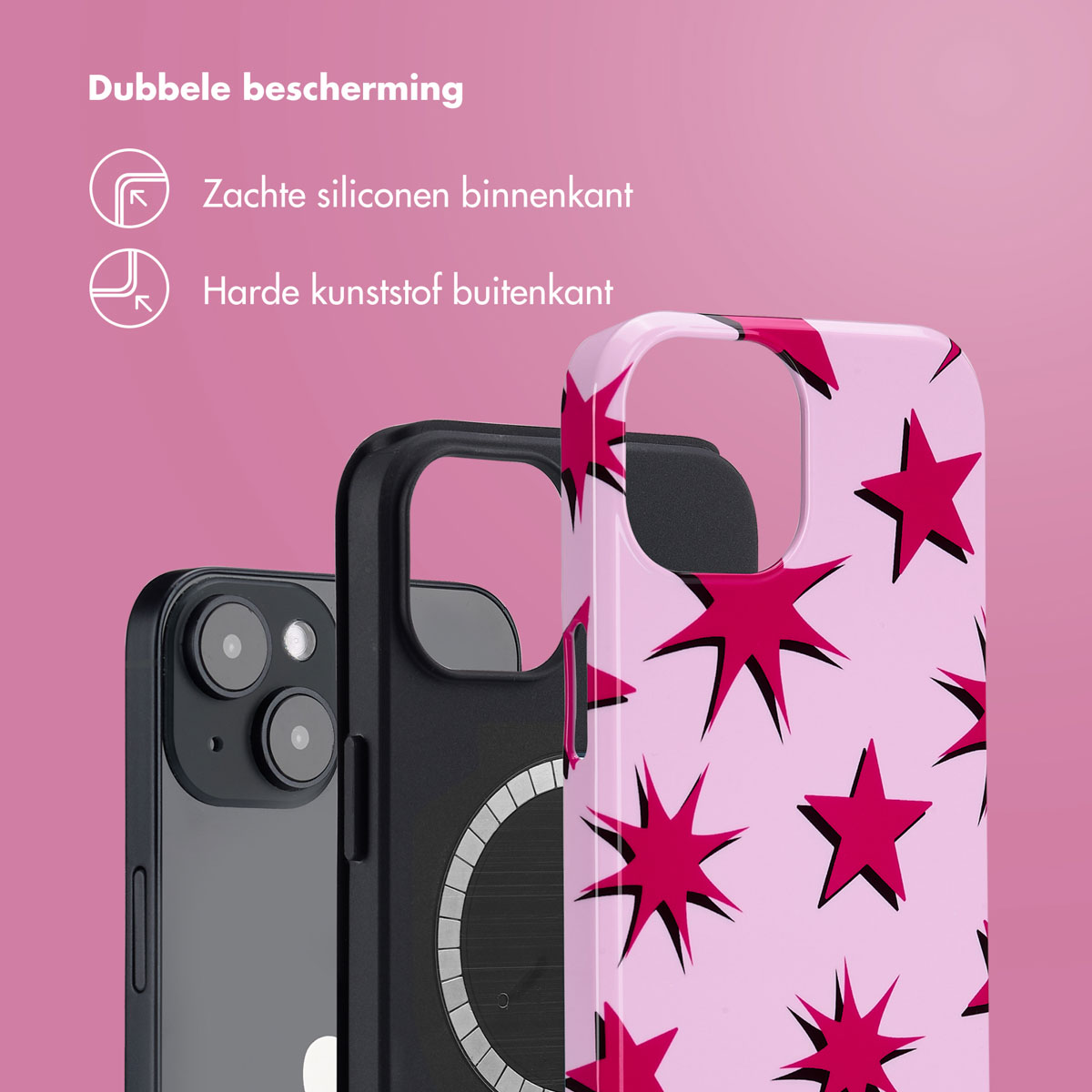 Telefoonhoes met roze achtergrond en rood sterrenpatroon.