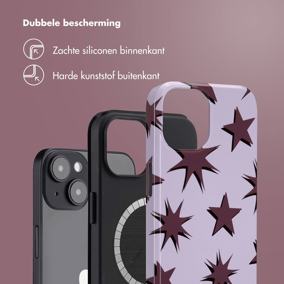 Telefoon en hoesje. De hoes heeft een lila achtergrond met donkerbruine stervormen.