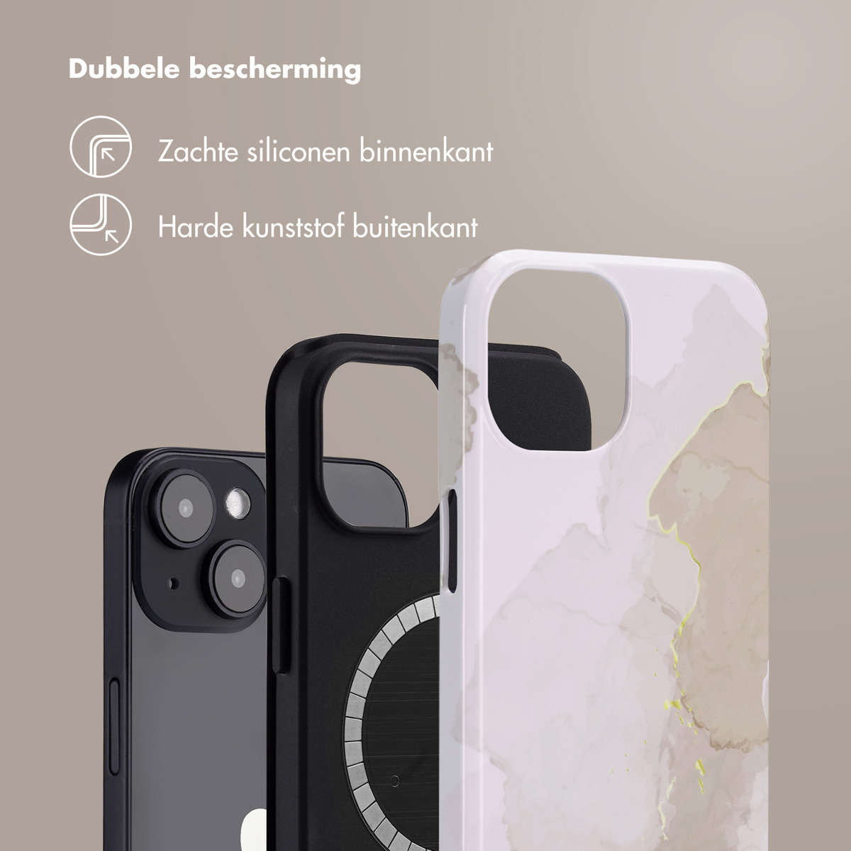 Telefoon en hoesje. De hoes heeft een marmerdesign in wit en beige kleuren.