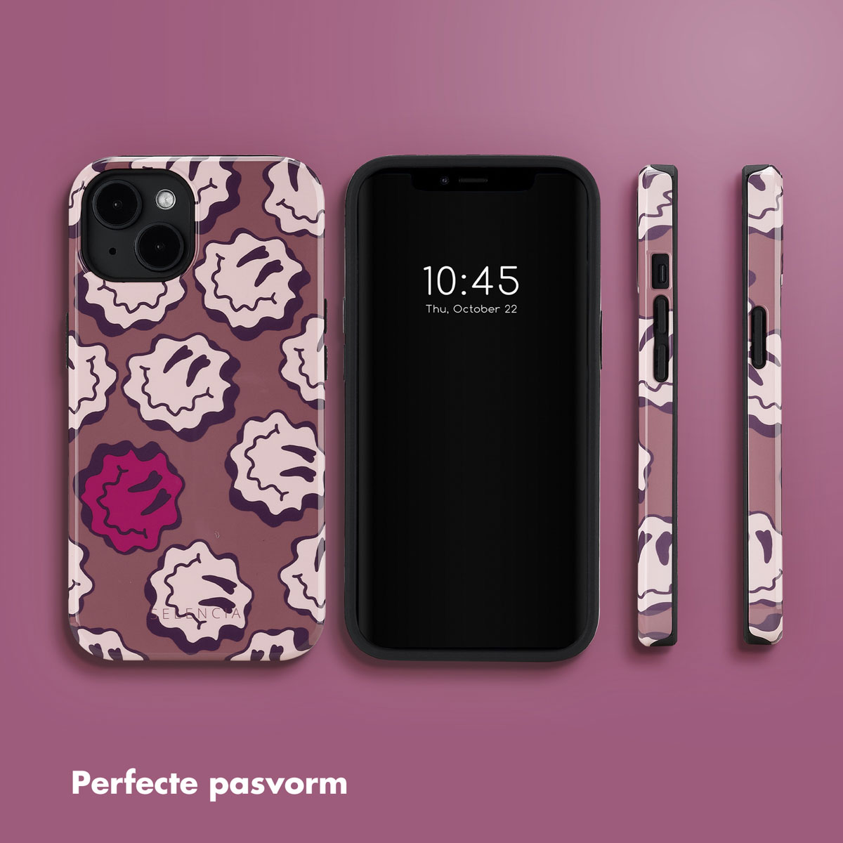 Telefoon en telefoonhoesje. Hoesje heeft een bloemenpatroon. Achtergrond is een paarse gradiënt.