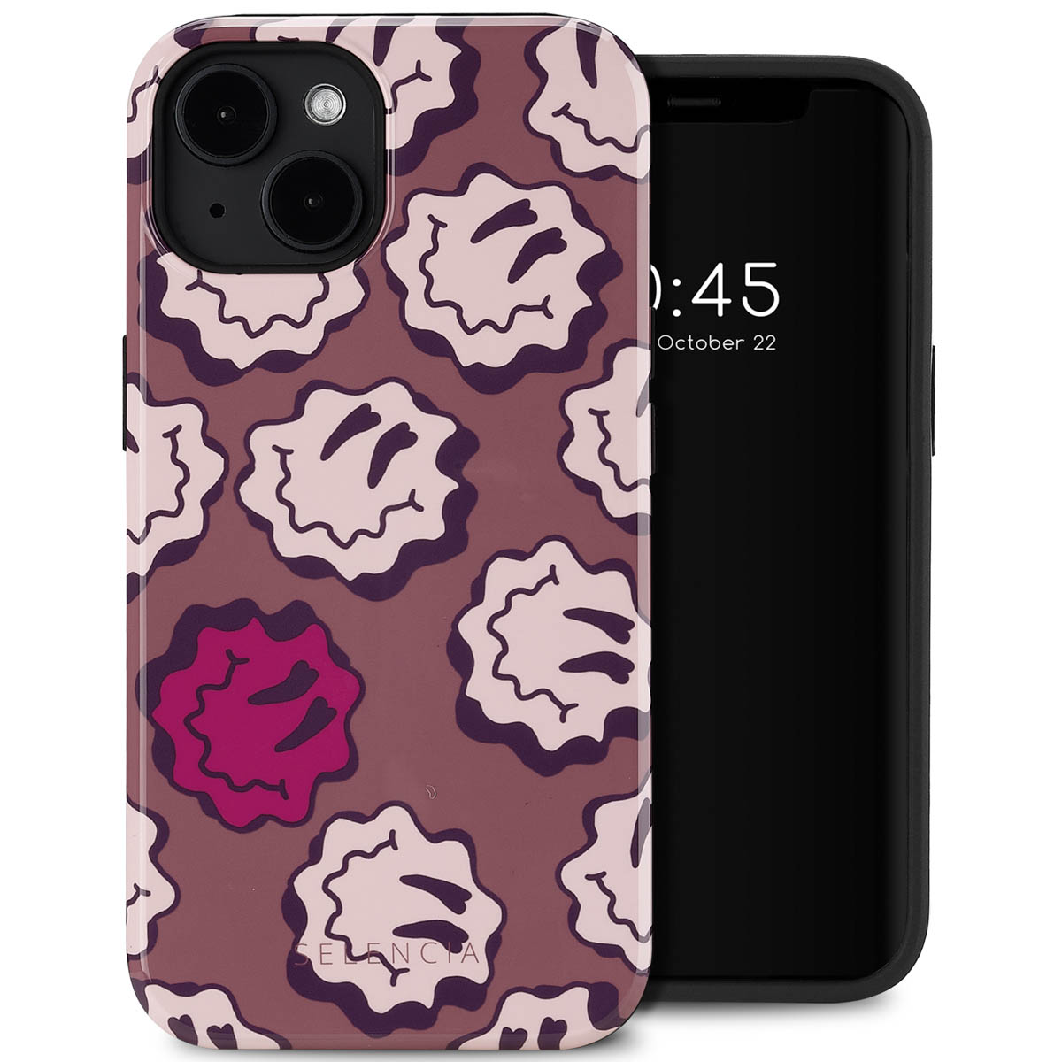 Een telefoon met een patroonhoes met smiley-gezichten. De telefoon is zwart.