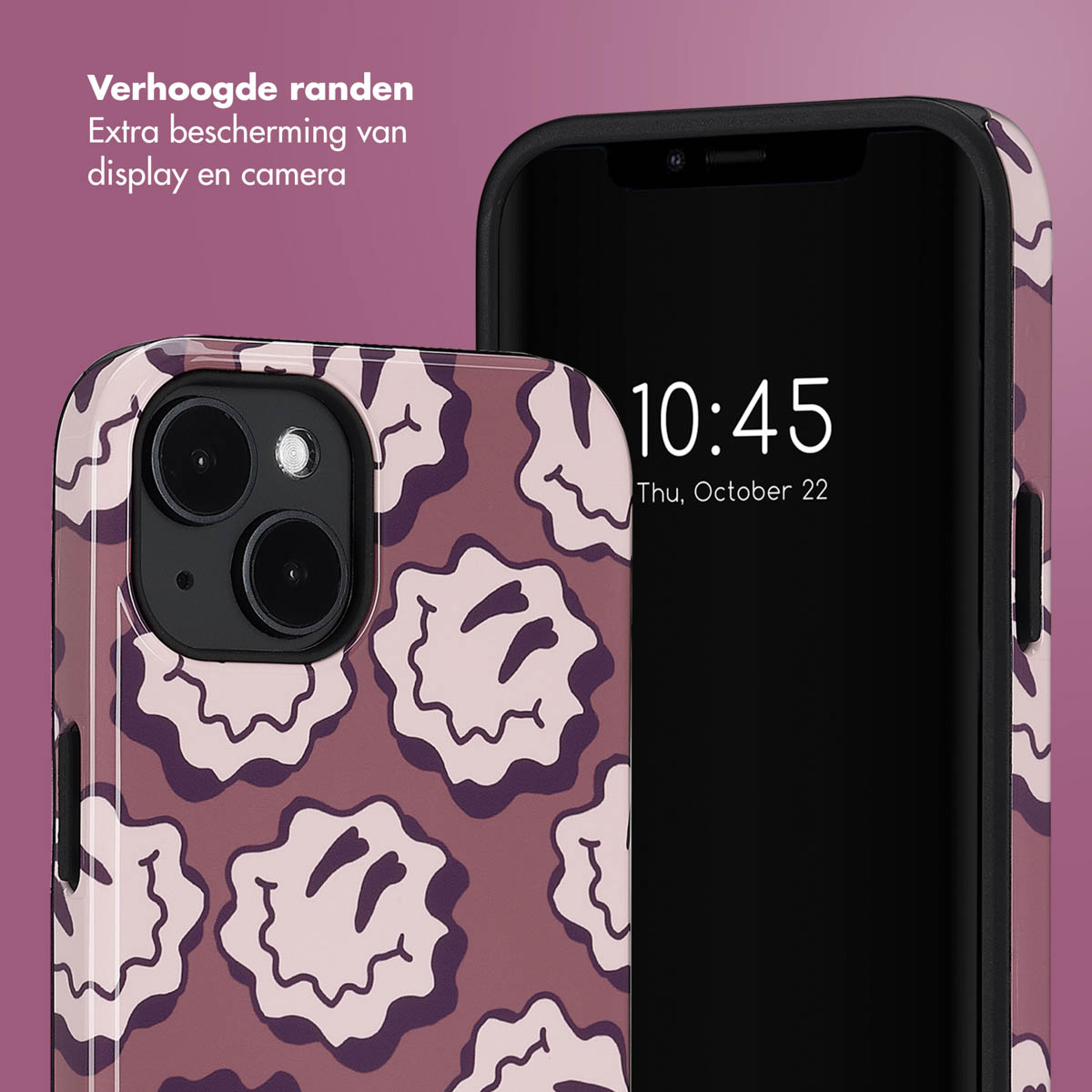 Telefoon en hoesje. De hoes heeft een roze-bruine achtergrond met smiley gezichtjes.
