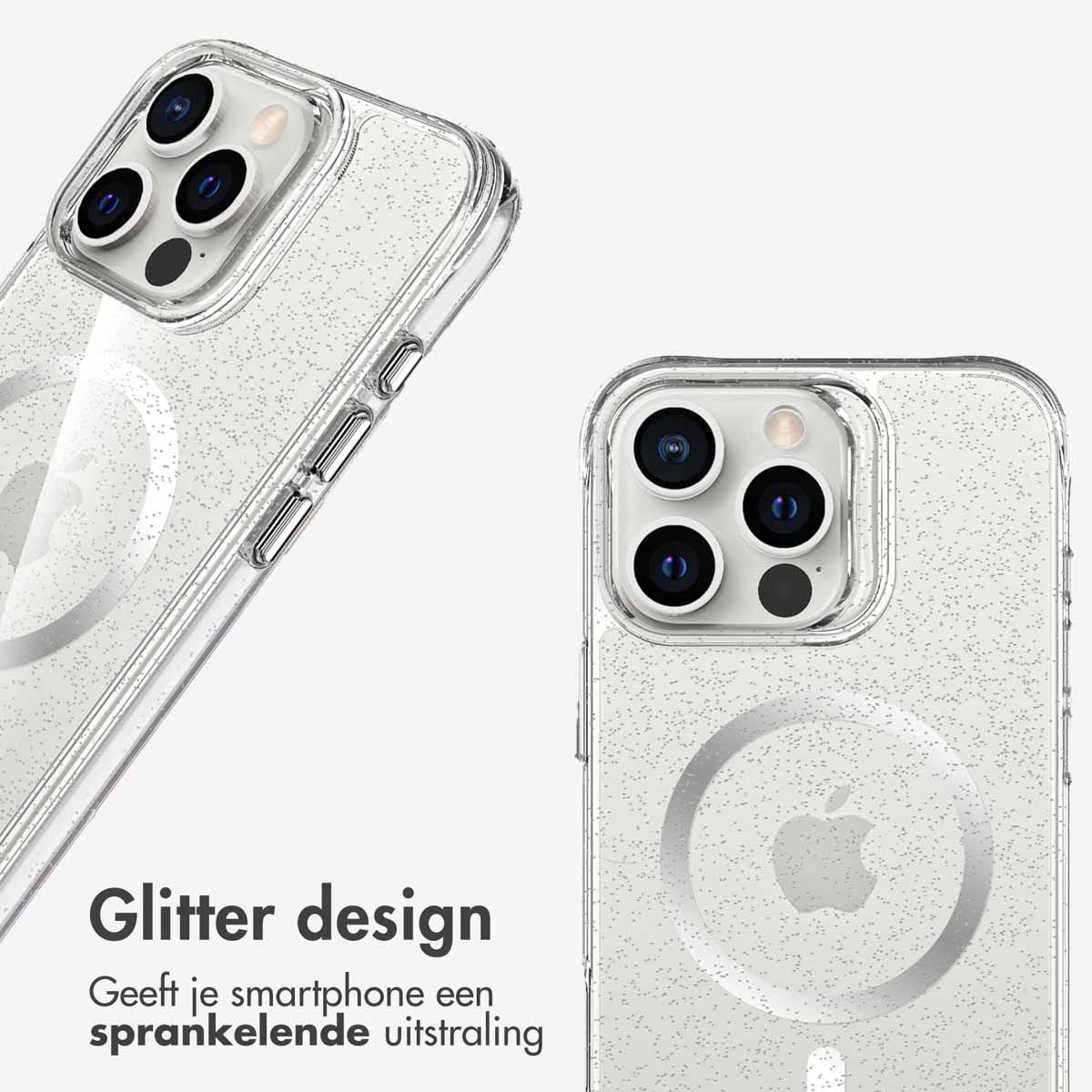 Twee telefoonhoesjes met glitterdesign. Eén op een telefoon, de andere toont de hoes. Tekst zegt 'Glitter design'.