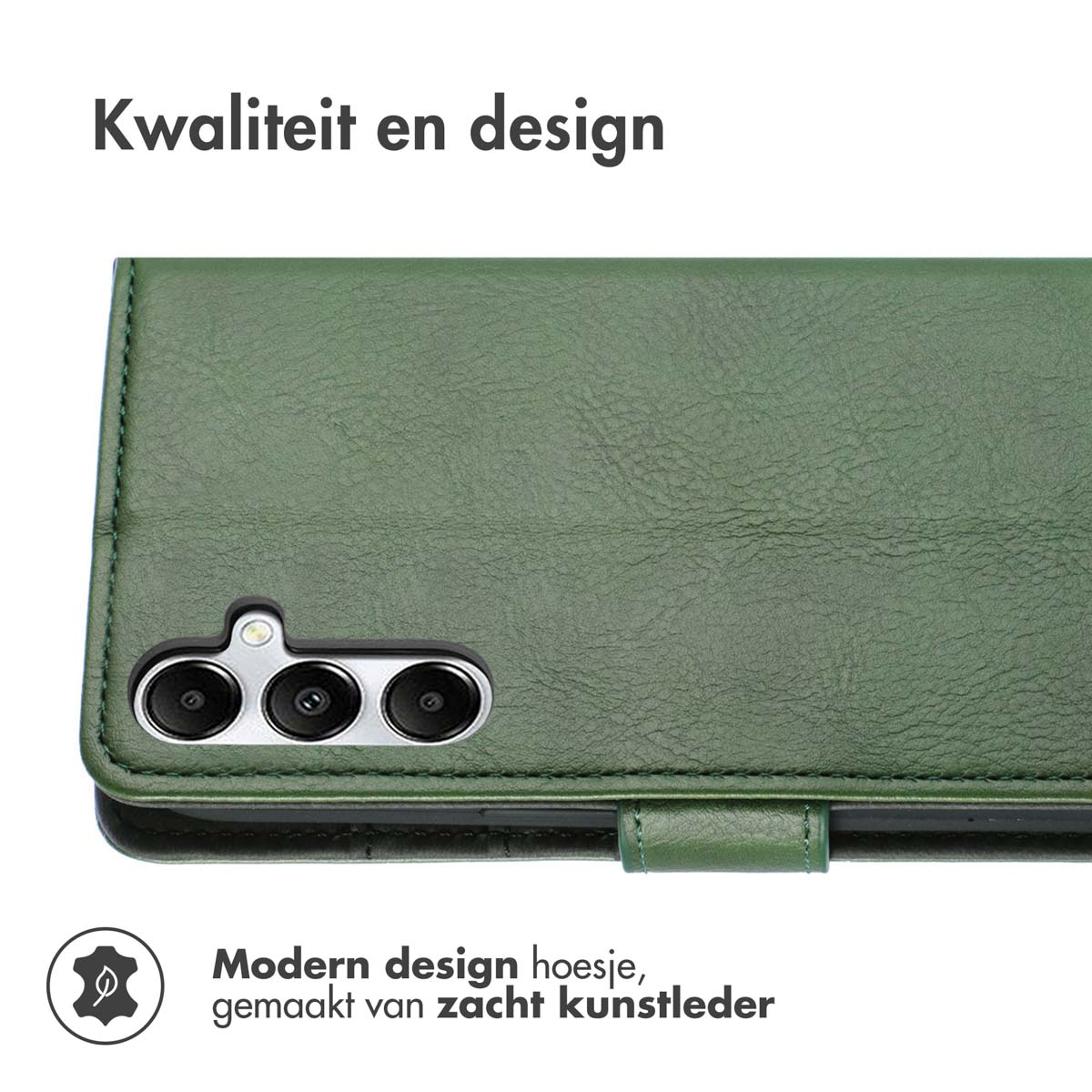 Een groene leren telefoonhoes, gesloten. Het heeft een sluiting en een modern design, gemaakt van zacht imitatieleer.