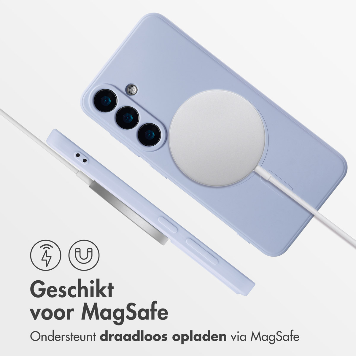 Telefoon en oplader met een witte cirkel. Tekst zegt 'MagSafe compatibel' en 'Ondersteunt draadloos'.