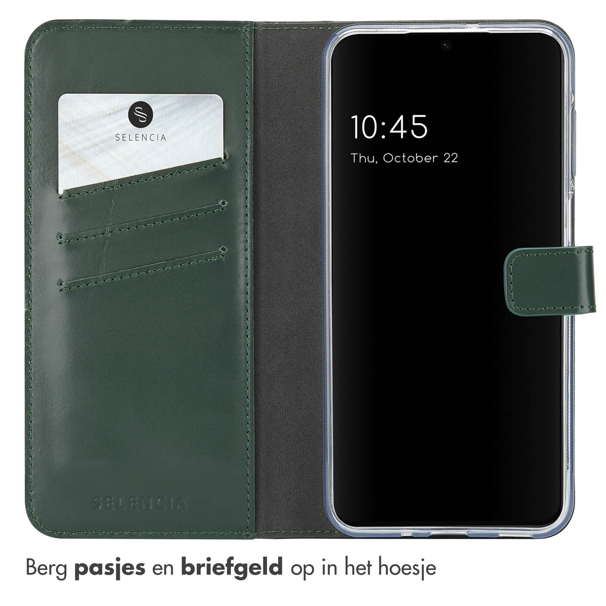 Coque de téléphone verte ouverte avec téléphone, carte et poches. Heure et date sur l'écran.