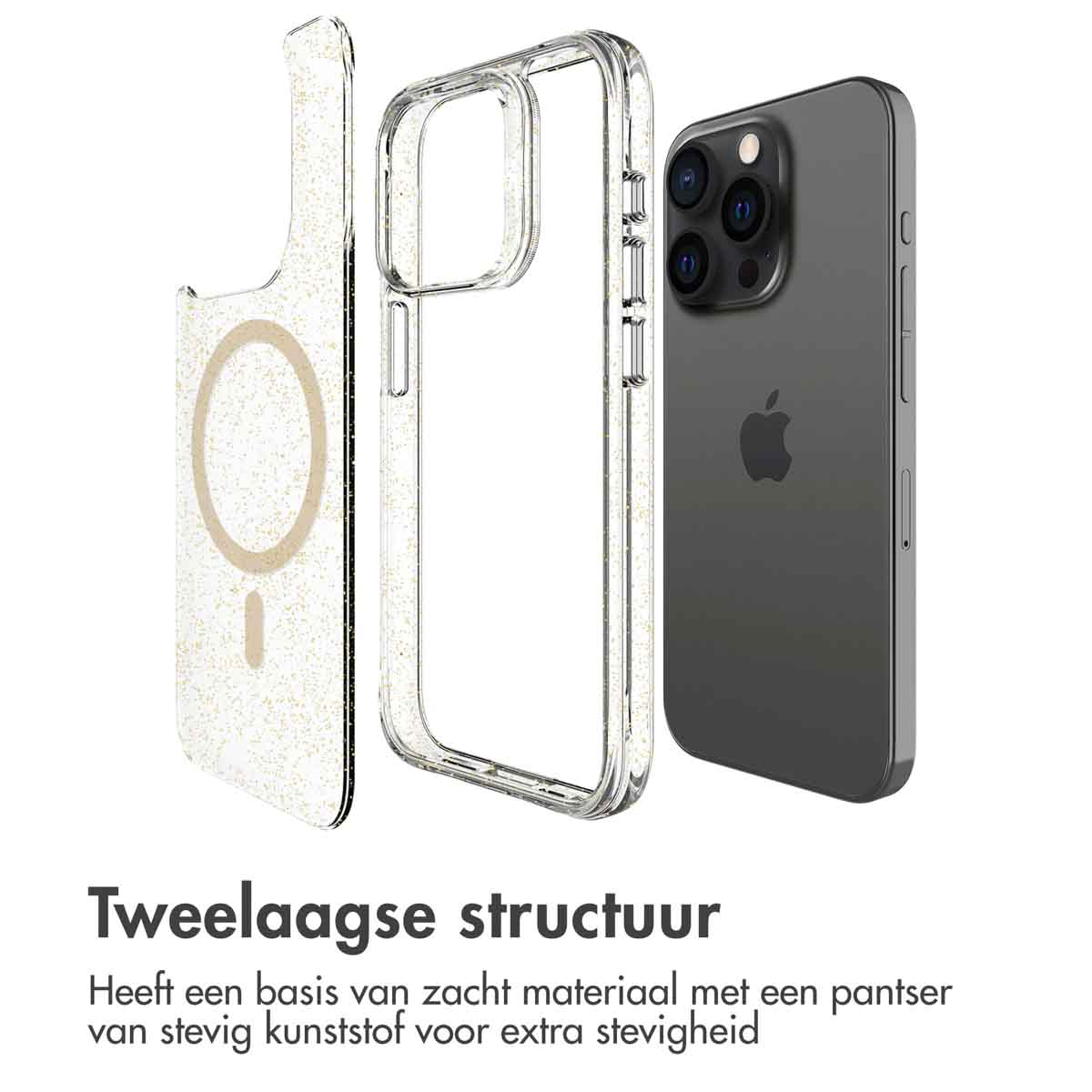 Een telefoon, met een doorzichtig hoesje, en een apart MagSafe-onderdeel worden getoond.