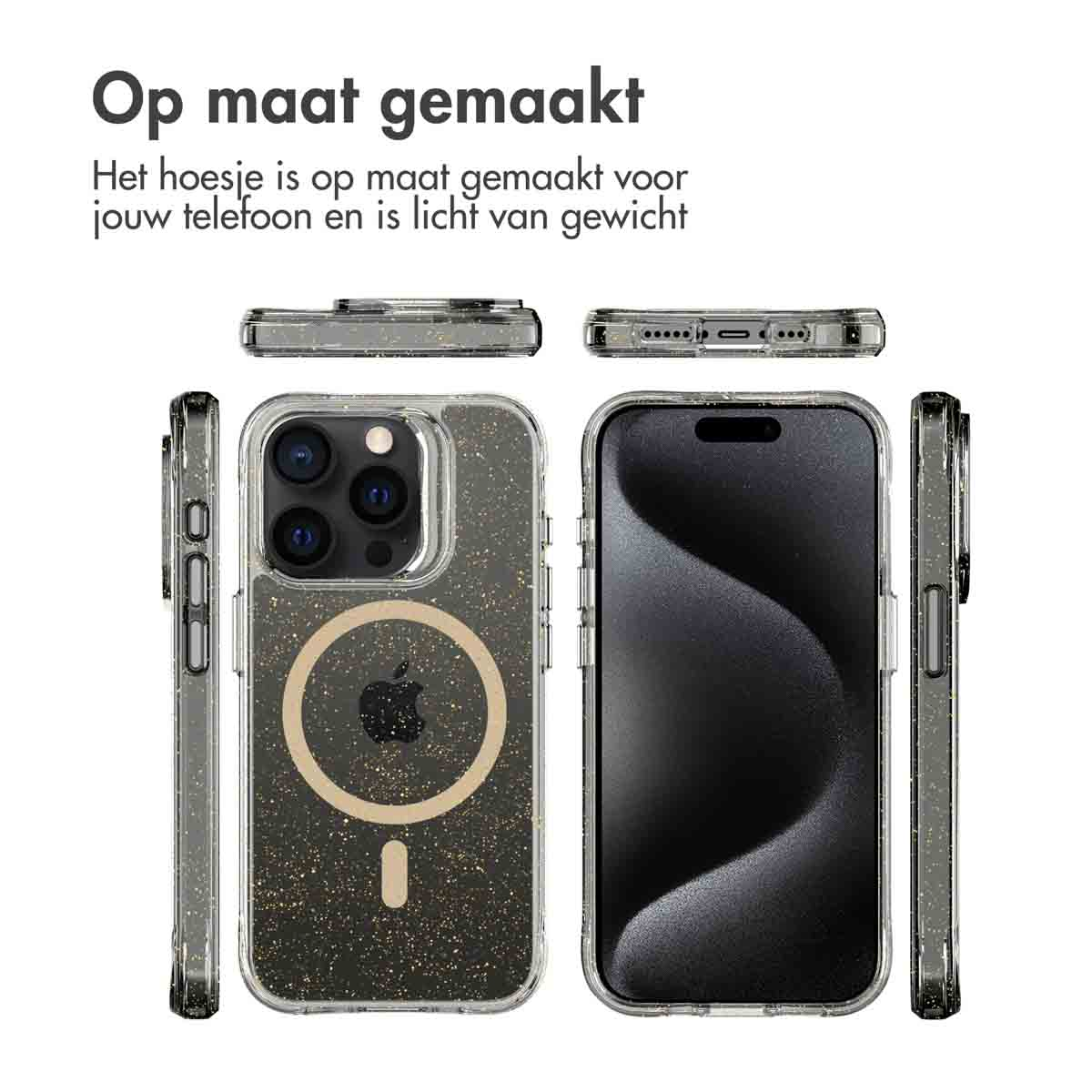IMOSHION Glitter Backcover met MagSafe 2.0 - Geschikt voor Apple iPhone 15 Pro - Telefoonhoesje voor Apple iPhone 15 Pro Goud