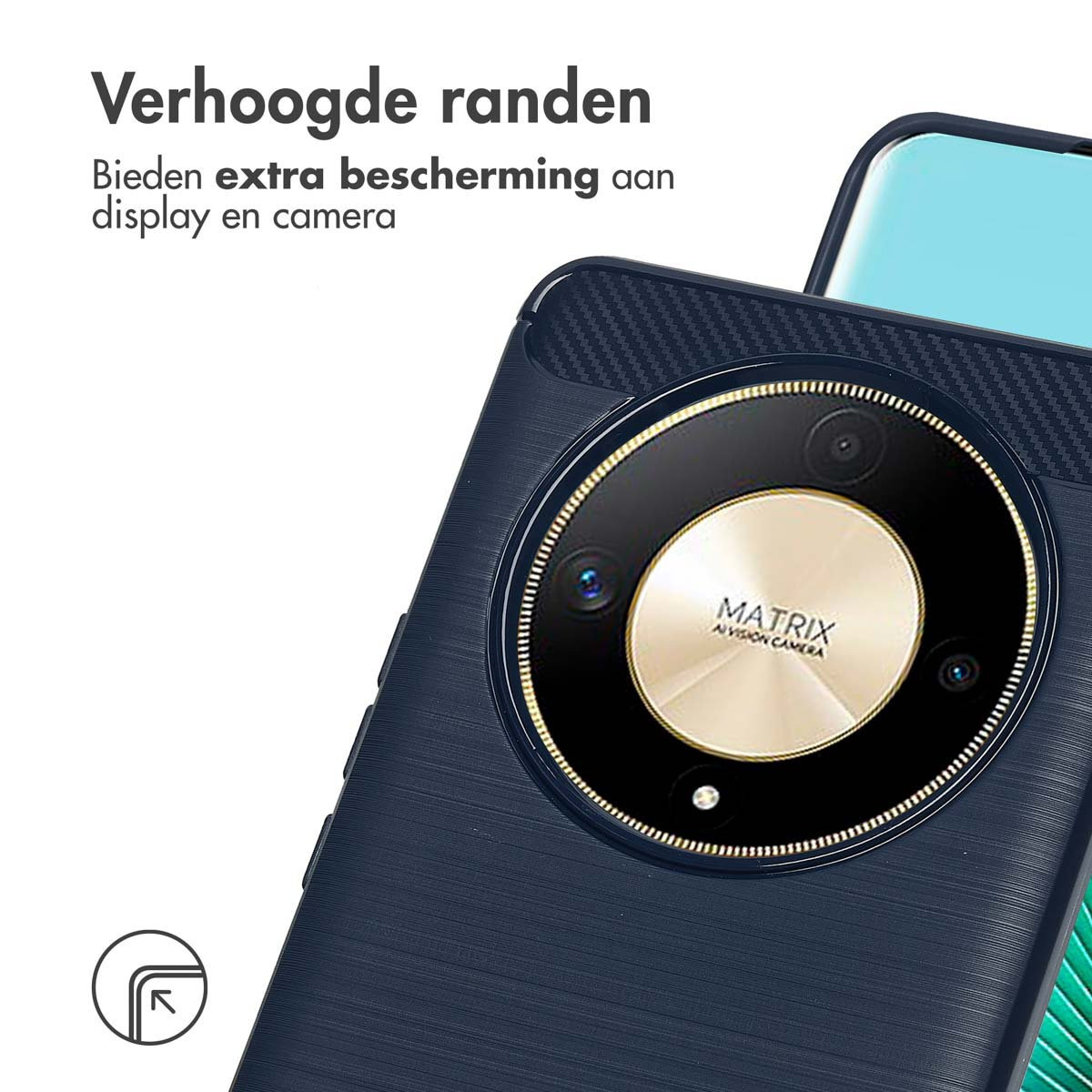 Custodia per telefono blu scuro. Primo piano dell'area della fotocamera. Il testo dice 'Matrix AI Vision Camera'.