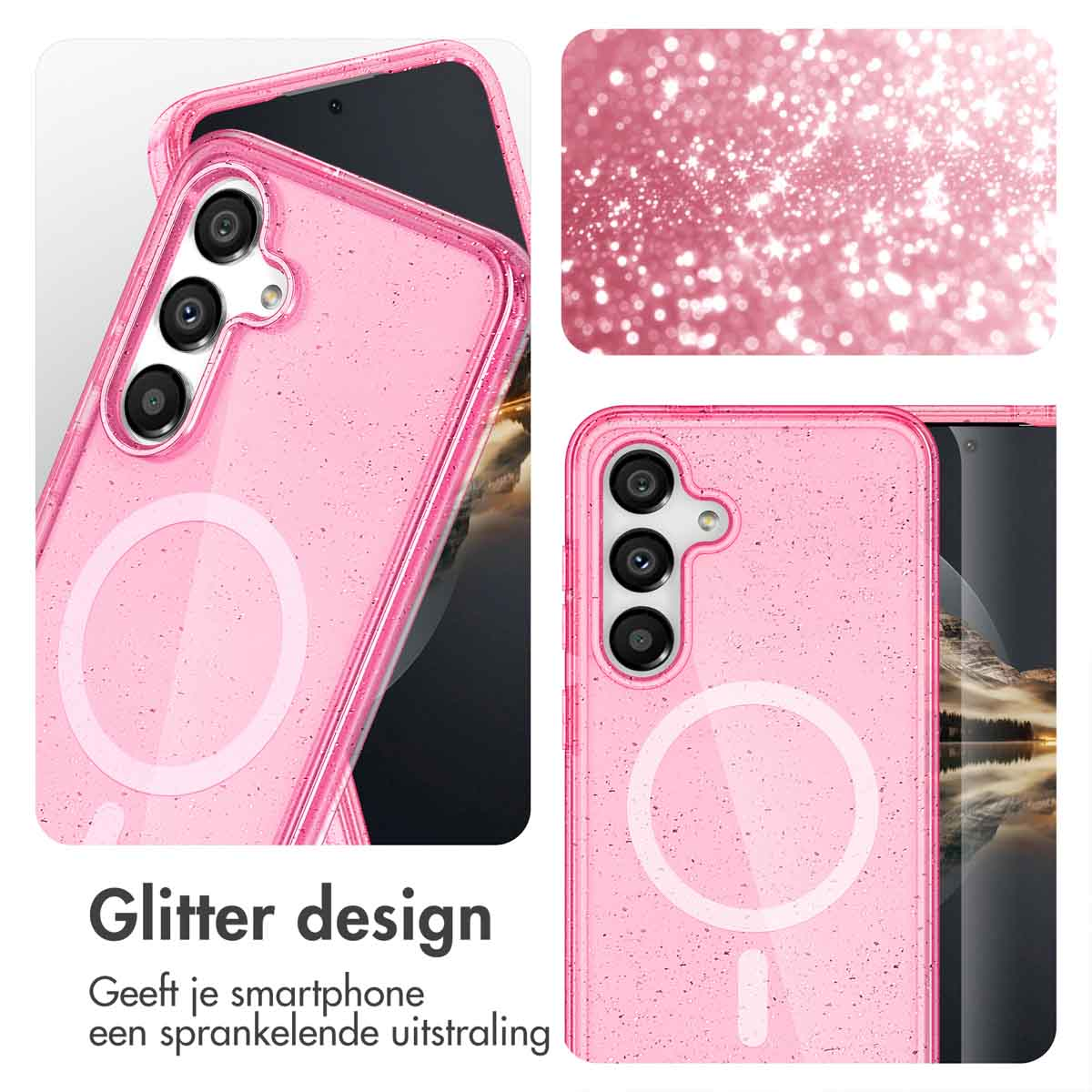 Coque de téléphone rose pailleté avec un cercle blanc. L'étui est sur une surface blanche avec un contour de cercle blanc.