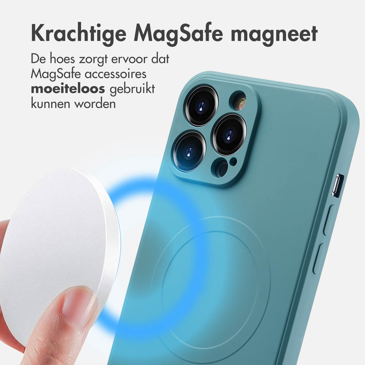 Une coque de téléphone sarcelle avec un cercle magnétique blanc et un chargeur magnétique blanc.