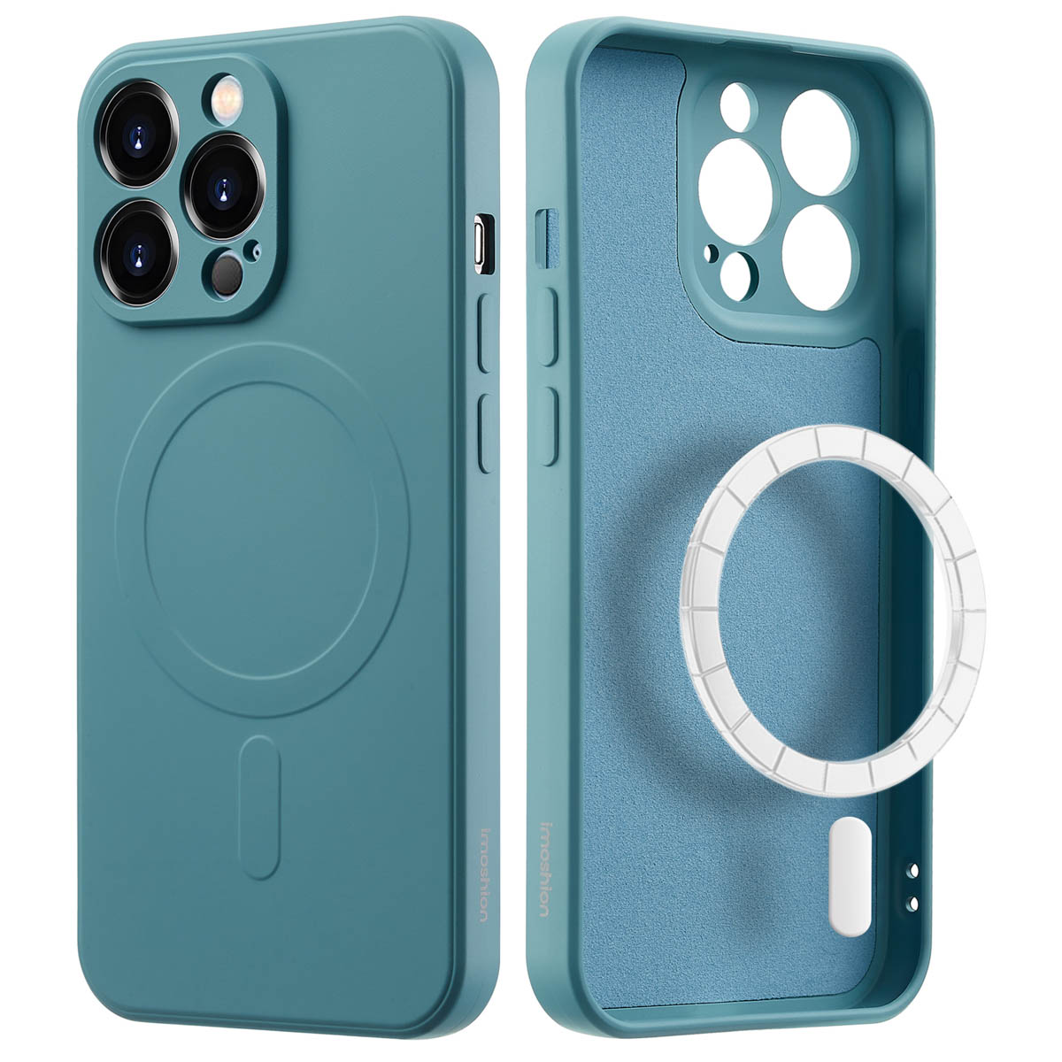 Blauwgroene telefoonhoes met een telefoon. De hoes heeft een ringvormige magneet. Witte achtergrond.